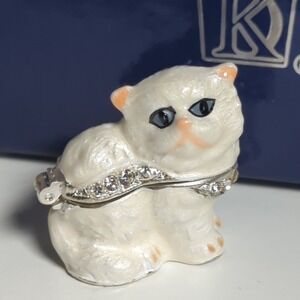 Cat Bianca Pewter Bejeweled Hinged Miniature‎ Trinket Box Kingspoint Figurine